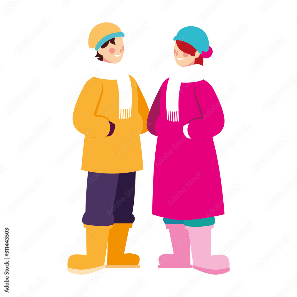 couple of people standing with winter clothes on white background couple of people standing with winter clothes on white background