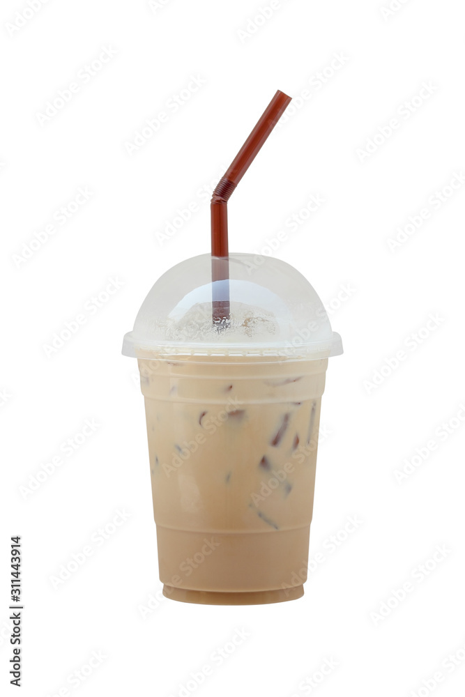 Iced coffee in plastic cup isolated on black background / coffee sweet Iced coffee in plastic cup isolated on black background / coffee sweet
