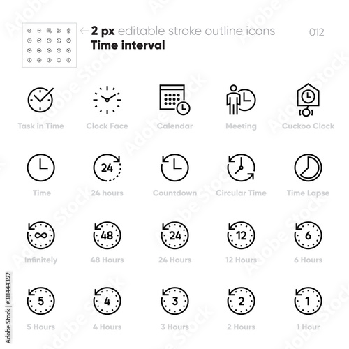 Time interval and Clock Face outline vector icons. Meeting, Calendar, 24 hours
