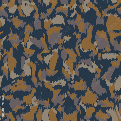 Spliced vector camouflage spots texture.  Variegated animal skin background. Seamless camo ikat pattern. Modern distorted mottled textile all over print. Military fashion disrupted glitch tile repeat.