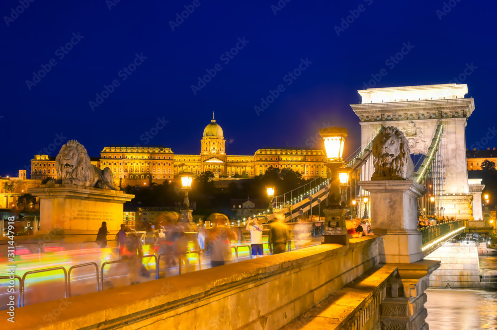 Budapest, Hungary - May 26, 2019 - A view across the Chain Bridge to Buda Castle in Budapest, Hungary.