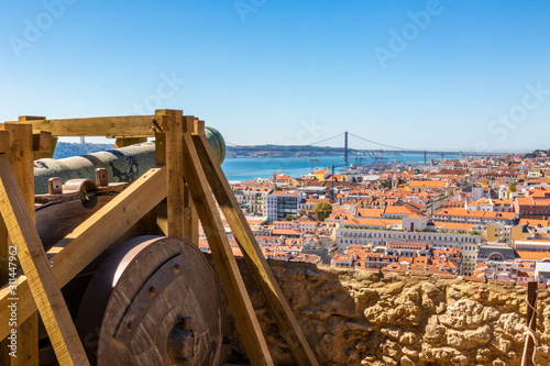 Aerial view on Lisbon with hostoric cannon from Castelo de Sao Jorge in Portugal photo