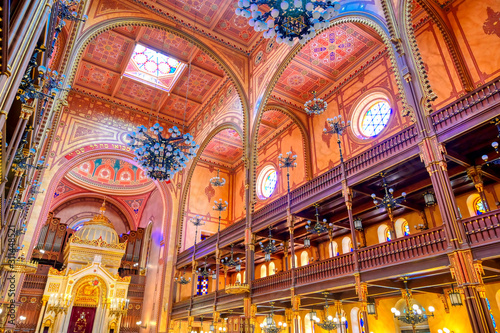 Budapest, Hungary - May 26, 2019 - The Interior of the Dohany Street Synagogue, built in 1859, located in Budapest, Hungary.
