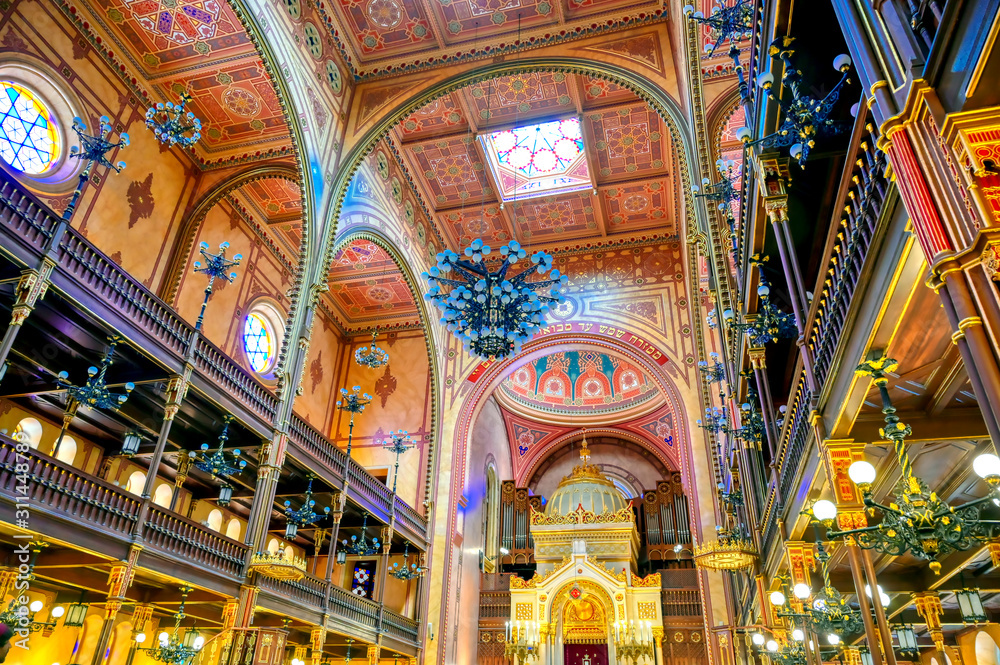Budapest, Hungary - May 26, 2019 - The Interior of the Dohany Street Synagogue, built in 1859, located in Budapest, Hungary.