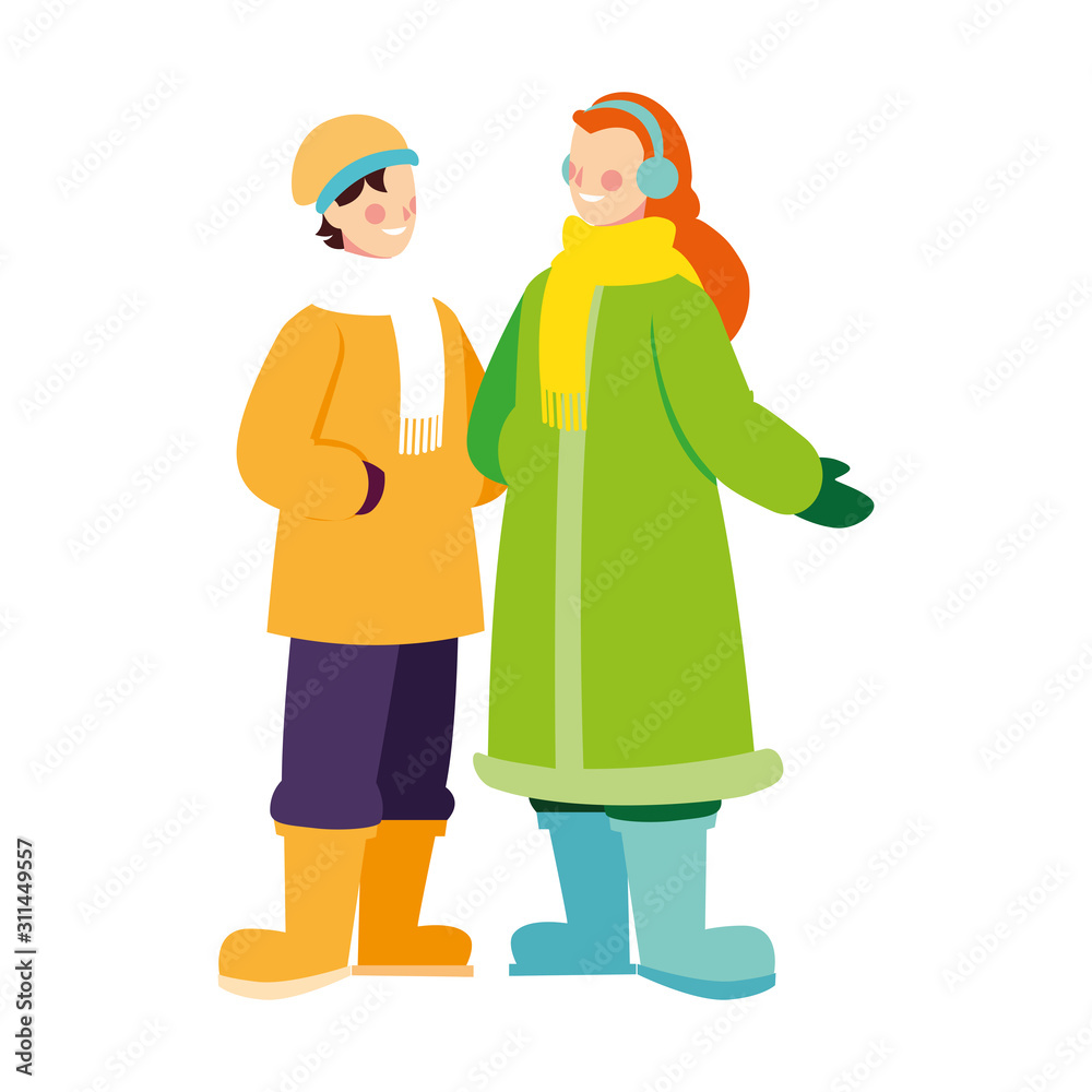 couple of people standing with winter clothes on white background couple of people standing with winter clothes on white background