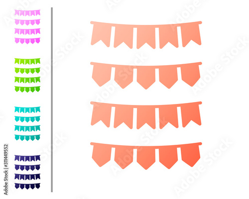 Coral Carnival garland with flags icon isolated on white background. Party pennants for birthday celebration, festival and fair decoration. Set color icons. Vector Illustration