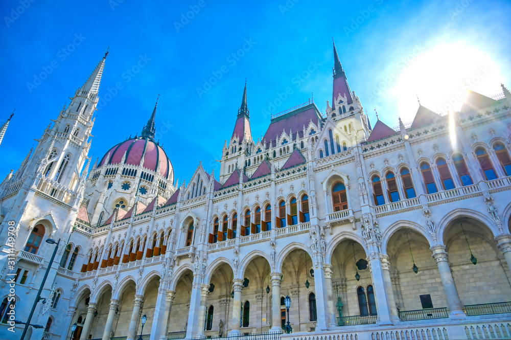 The exterior of the Hungarian Parliament Building in Budapest, Hungary..
