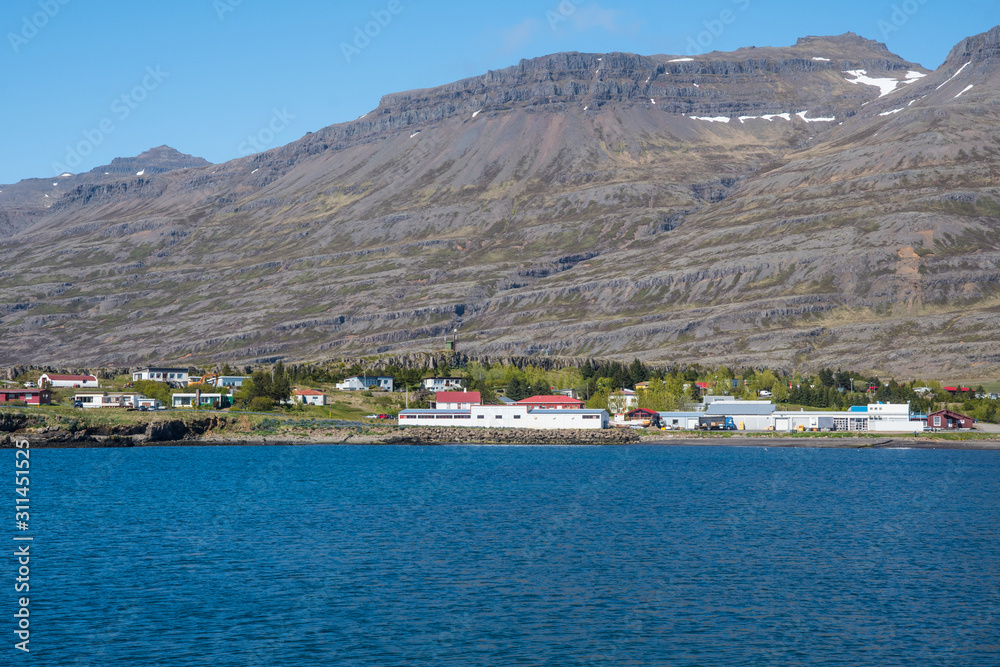 View over town of Breiddalsvik in east Iceland