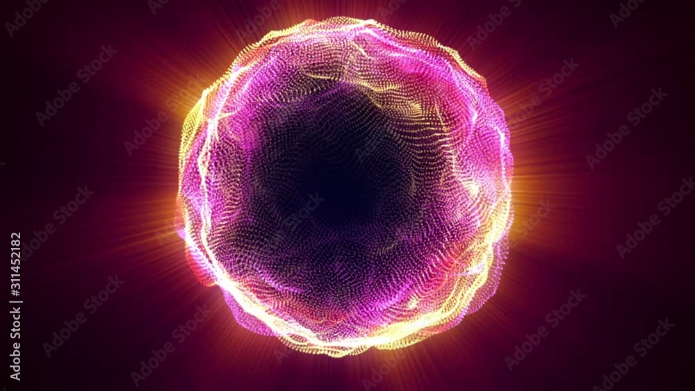 Abstract glowing sphere, computer generated background. Multicolored wavy shape from glow neon particles. 3d rendering of futuristic element