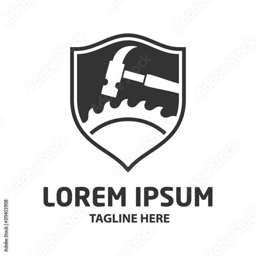 hammer and circle saw with shield vector icon isolated on white background from construction collection. symbol of repair tool kit,