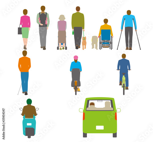  人、自転車、自動車を背後から見たイラスト