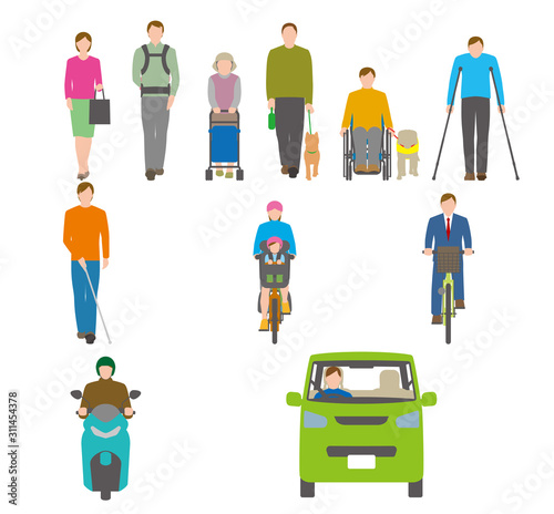 人、自転車、自動車を正面から見たイラスト