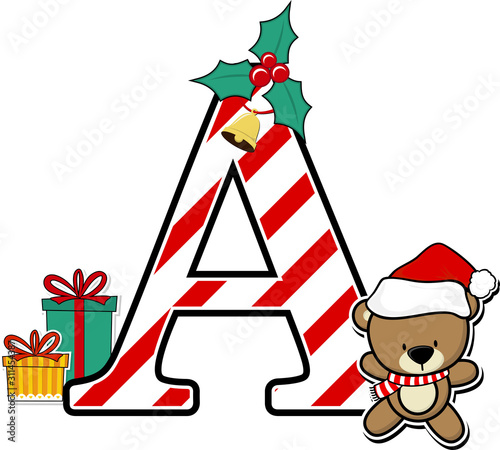 capital letter a with cute teddy bear and christmas design elements isolated on white background. can be used for holiday season card, nursery decoration or christmas party invitation