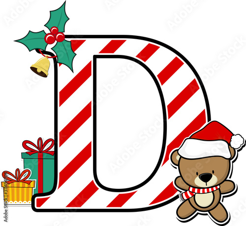 capital letter d with cute teddy bear and christmas design elements isolated on white background. can be used for holiday season card, nursery decoration or christmas party invitation