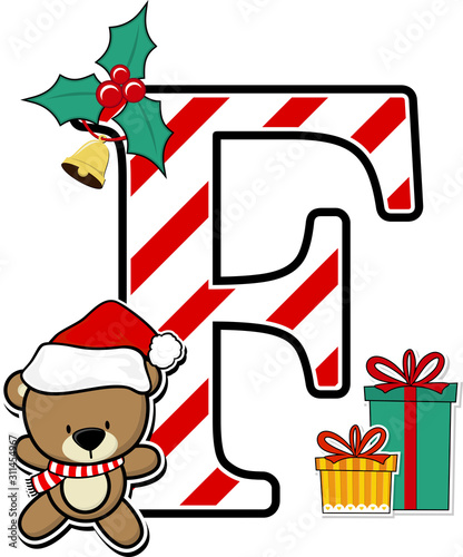 capital letter f with cute teddy bear and christmas design elements isolated on white background. can be used for holiday season card, nursery decoration or christmas party invitation