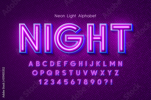 Neon light 3d alphabet, extra glowing font.