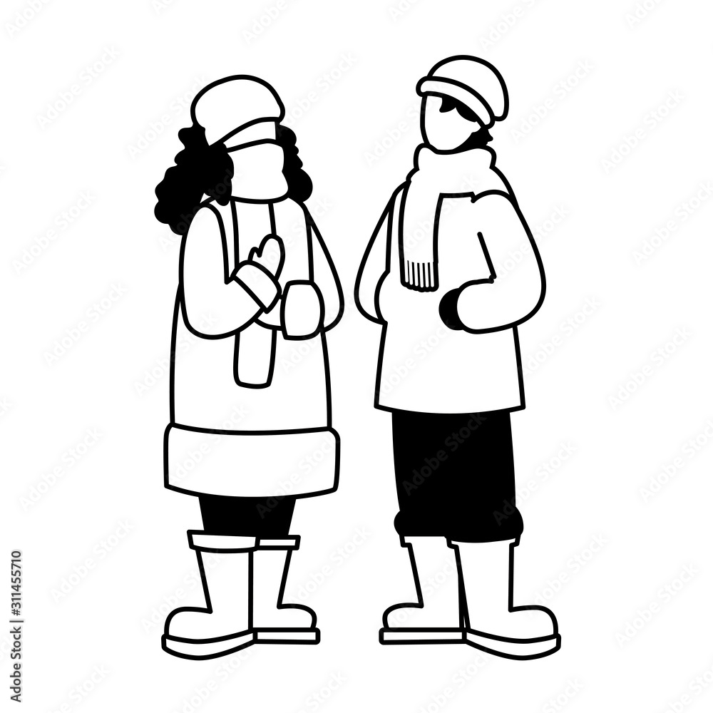couple of people standing with winter clothes on white background couple of people standing with winter clothes on white background