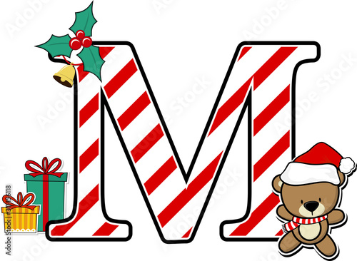 capital letter m with cute teddy bear and christmas design elements isolated on white background. can be used for holiday season card, nursery decoration or christmas party invitation