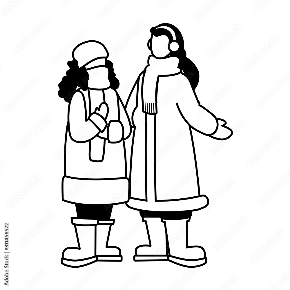women standing with winter clothes on white background women standing with winter clothes on white background