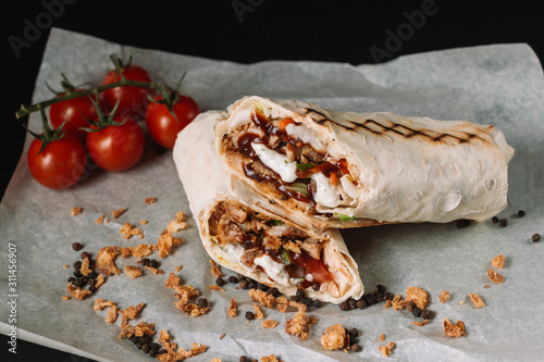 Turkish Shawarma durum Traditional sish kebab wrap and kofte meatball