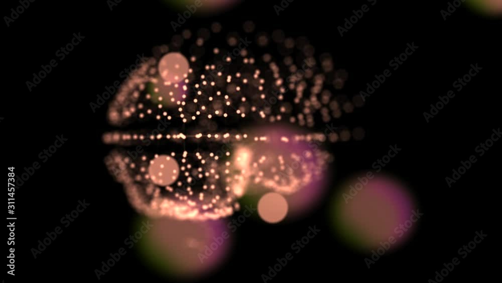 Blockchain concept. Plexus colorful connections in a shape of brain floating in space with bokeh particles on the forefront.