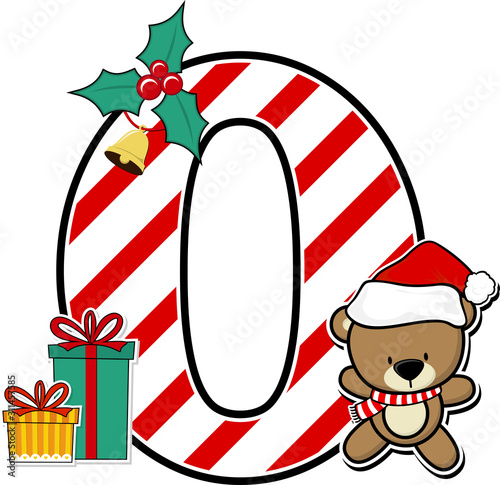 number 0 with cute teddy bear and christmas design elements isolated on white background. can be used for holiday season card, nursery decoration or christmas celebration invitation