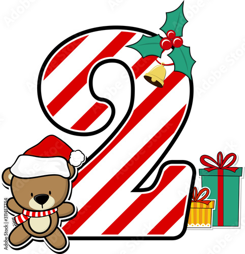 number 2 with cute teddy bear and christmas design elements isolated on white background. can be used for holiday season card, nursery decoration or christmas celebration invitation