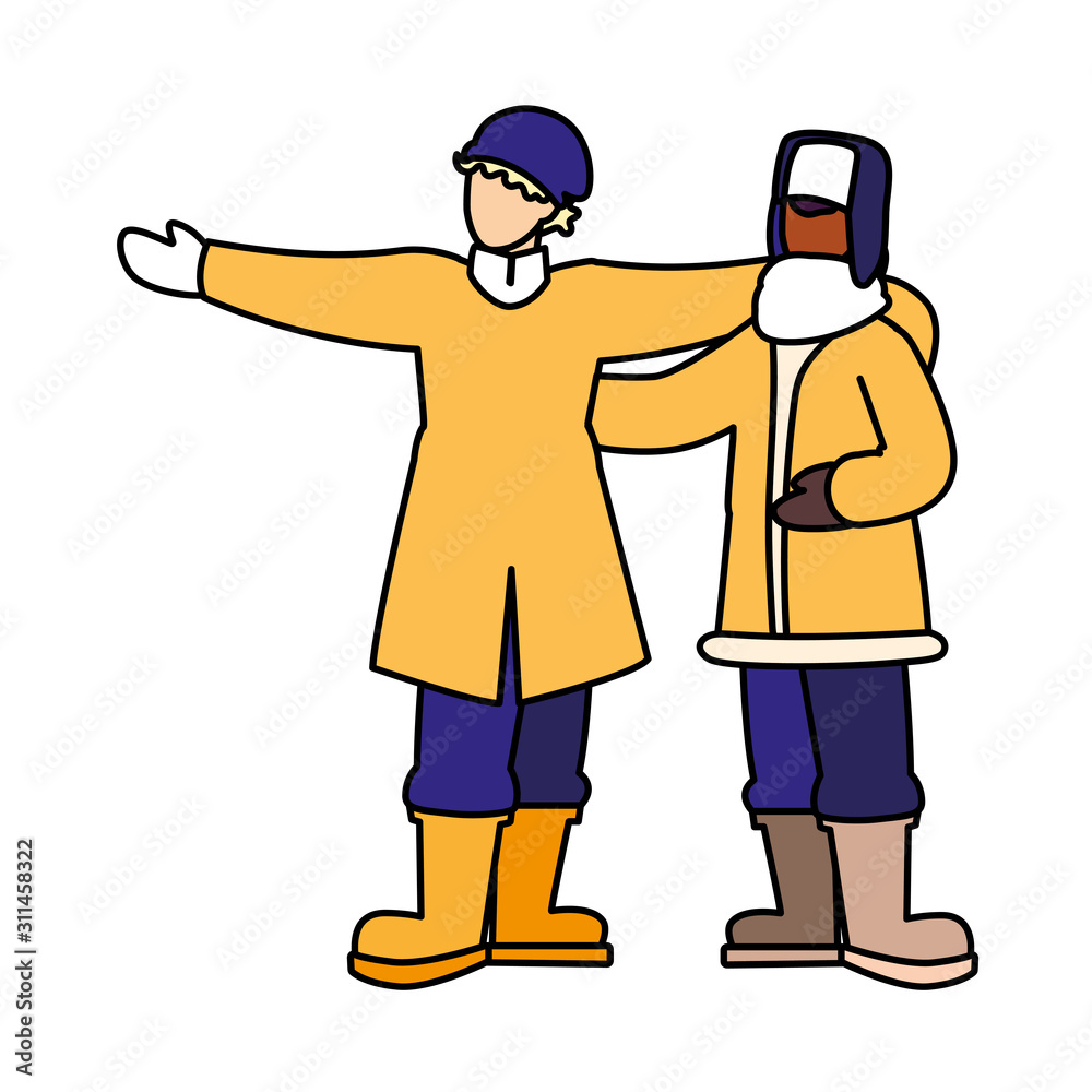 men standing with winter clothes on white background