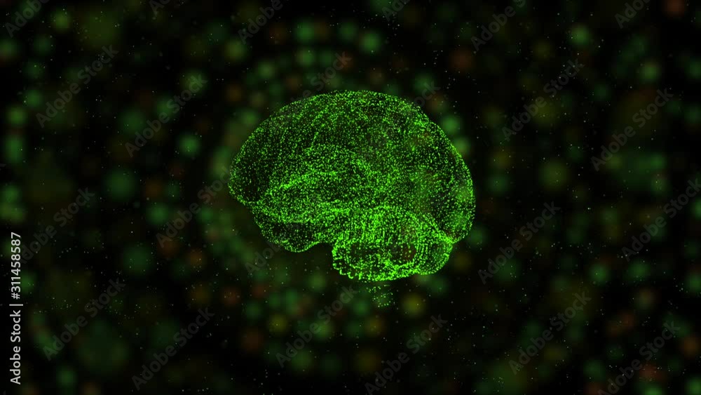 Magically designed human brain floating in space of colorful bokeh particles.