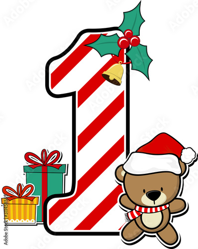 number 1 with cute teddy bear and christmas design elements isolated on white background. can be used for holiday season card, nursery decoration or christmas celebration invitation