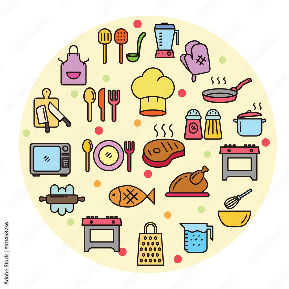 Lineal color style of cooking related icons set. Cooking and kitchen related vector illustrations in circle 