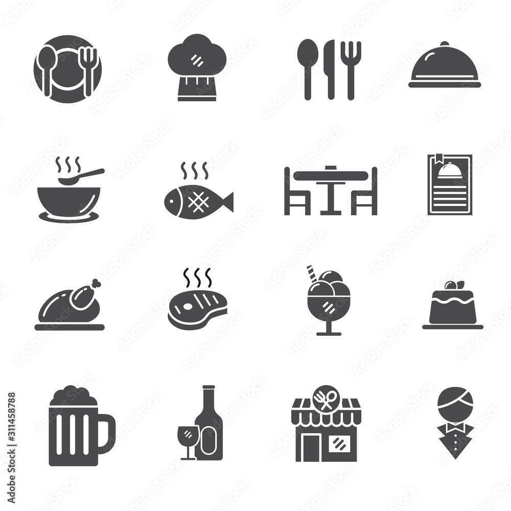 Restaurant icons pack. Black and white style for a set of restaurant related icons such as fork, spoon, plate and more.