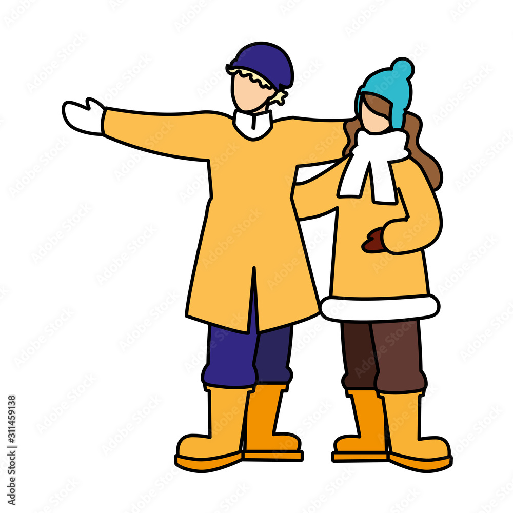 couple of people standing with winter clothes on white background couple of people standing with winter clothes on white background