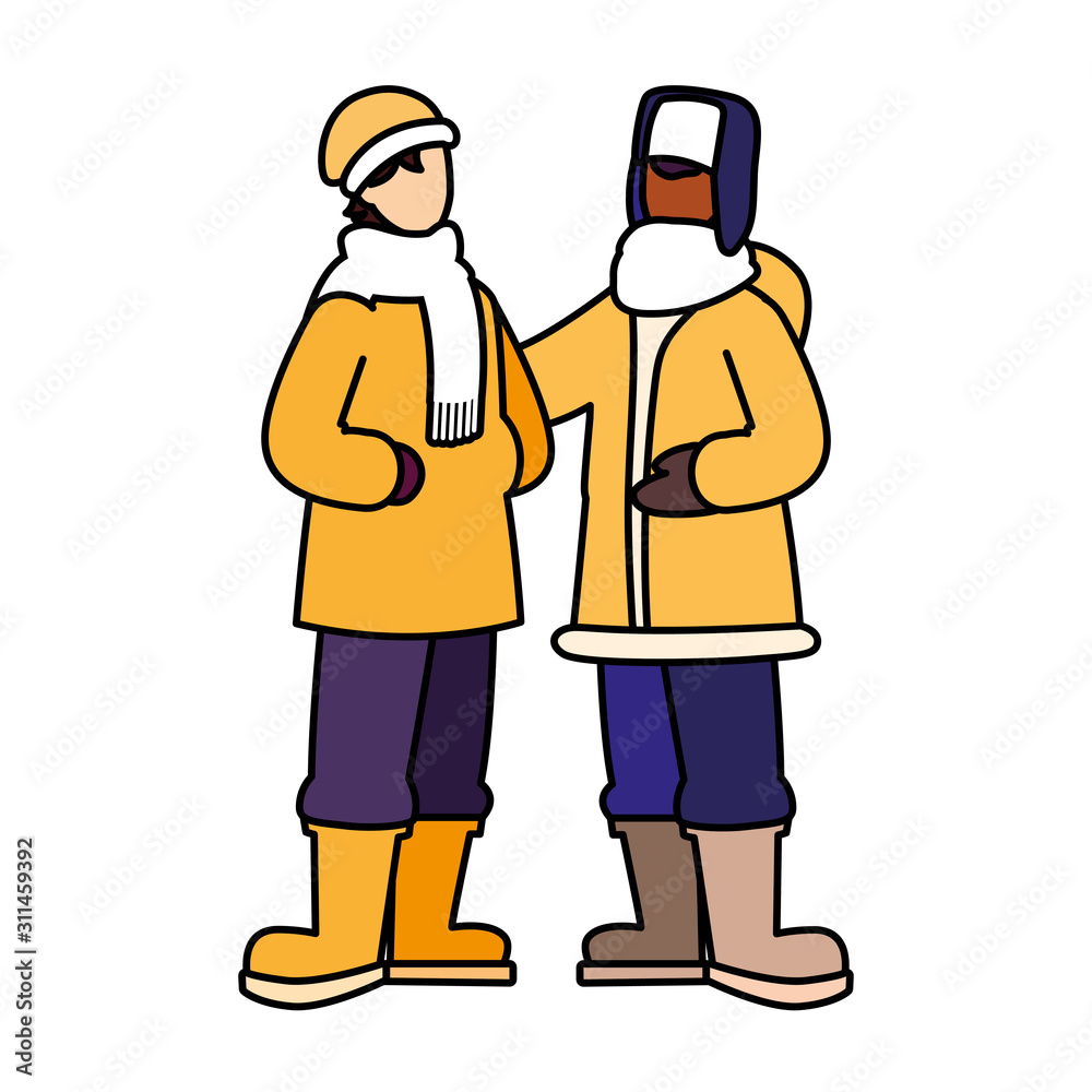 men standing with winter clothes on white background