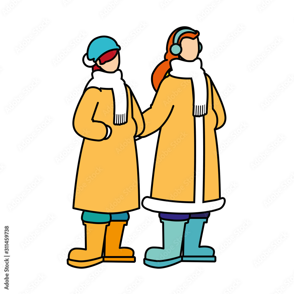 women standing with winter clothes on white background women standing with winter clothes on white background