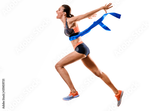 one young caucasian woman runner running jogger jogging athletics competition isolated on white background © snaptitude