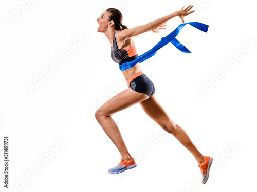 one young caucasian woman runner running jogger jogging athletics competition isolated on white background