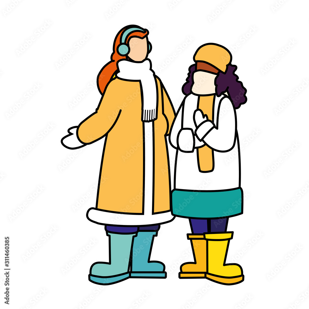 women standing with winter clothes on white background women standing with winter clothes on white background