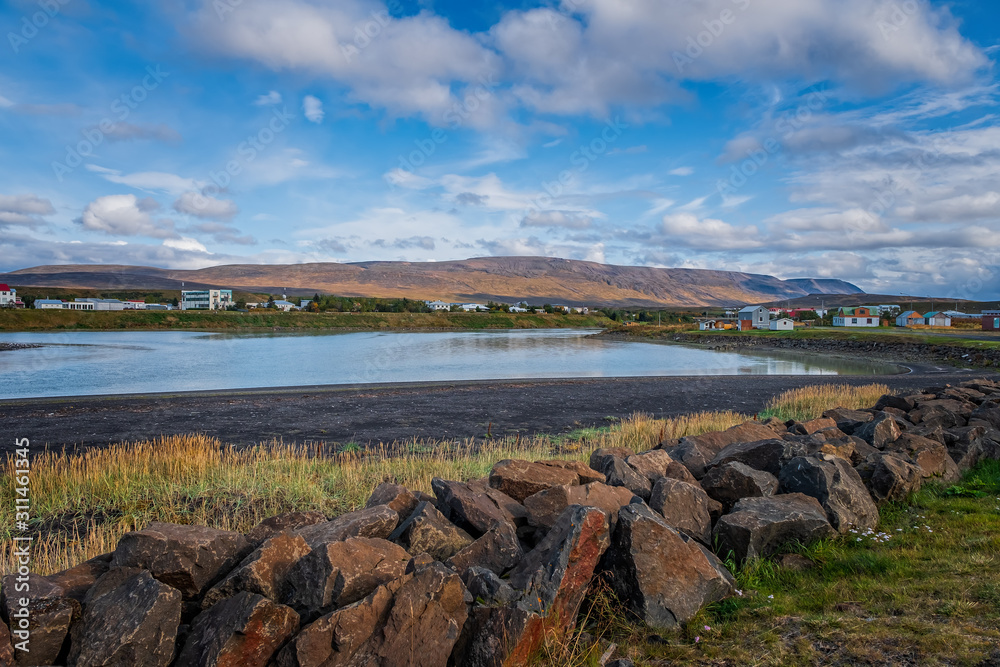 Village of Blonduos, Northwest Iceland. Place of birdwatching. September 2019