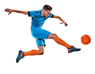 one caucasian youg soccer player man standing in studio isolated on white background