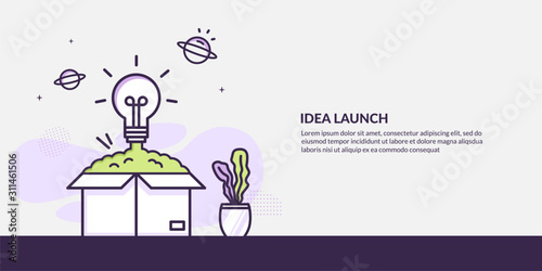 Light bulb launching out from the box on clean background, start up idea concept