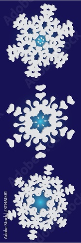 Collection of paper cut isolated snowflakes on blue background.