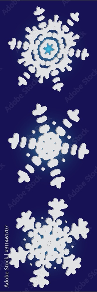 Collection of simple snowflakes on blue background.