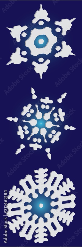 Collection of paper cut isolated snowflakes on blue background.