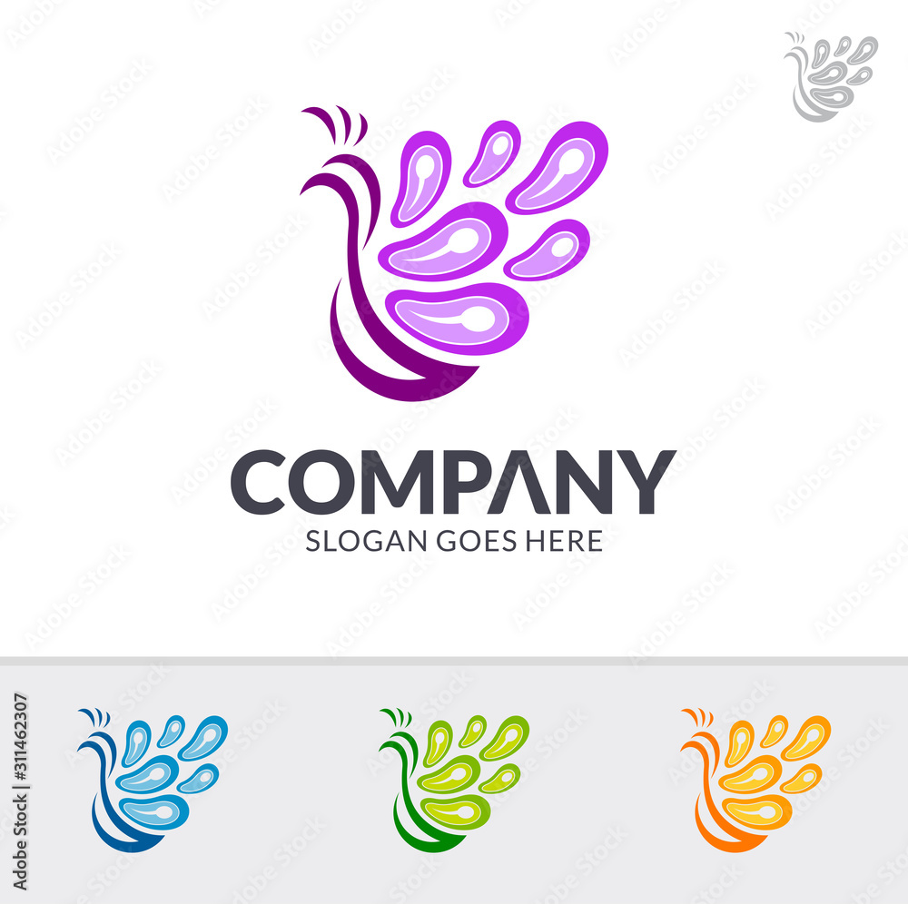 Peacock Logo Design With Various Color Option, Modern Peacock Flat Logo Template, Peacock Mascot Vector Illustration Peacock Logo Design With Various Color Option, Modern Peacock Flat Logo Template, Peacock Mascot Vector Illustration