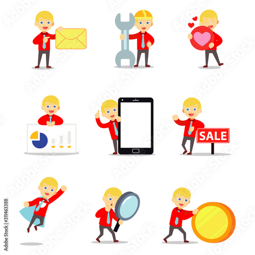 Set of business accountant man characters in office.
