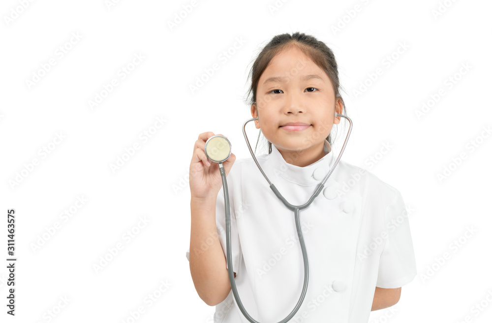 Cute asian child in doctor coat holding stethoscope isolated Cute asian child in doctor coat holding stethoscope isolated