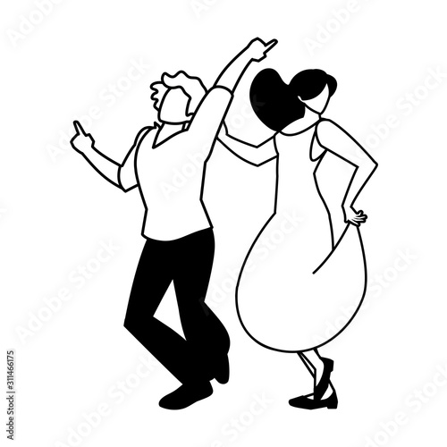 silhouette of couple in pose of dancing on white background