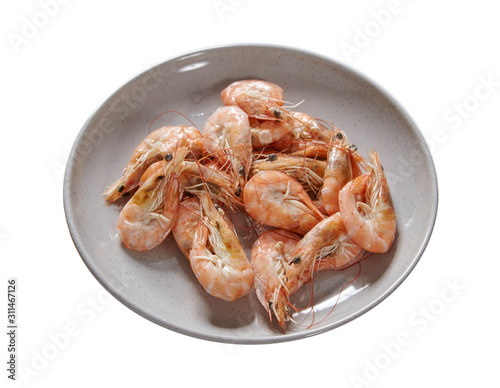 Boiled fresh shrimp on a plate isolated on white background