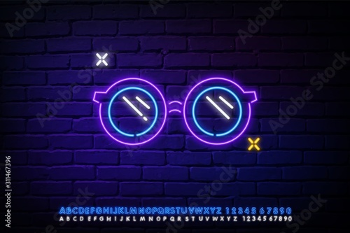Pink and blue neon glasses. Vector silhouette of neon club glasses with round lenses and rim consisting of outlines, with backlight on the dark background